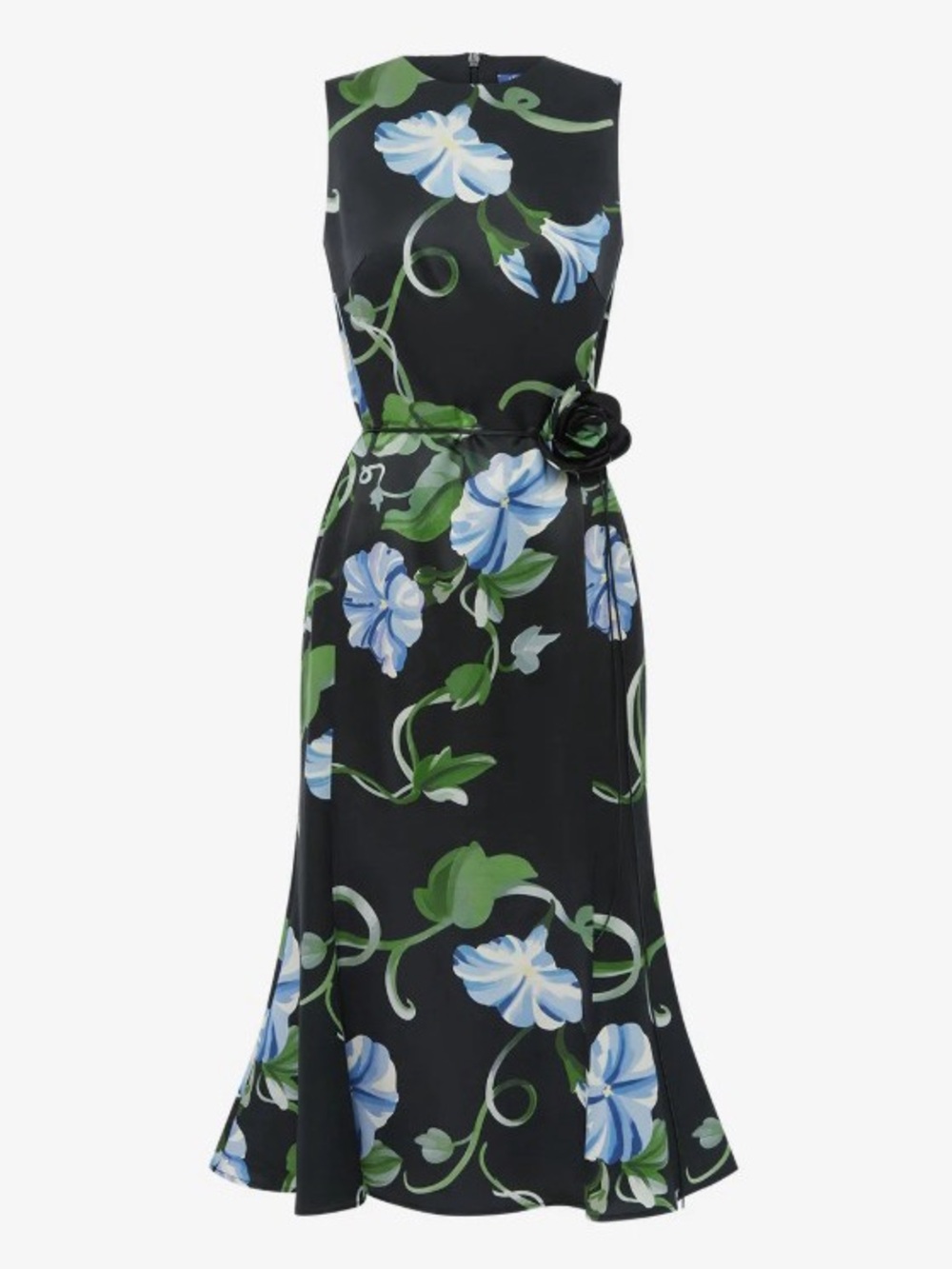 Leo Lin Black Vine Blue Floral Print Mermaid Wool & Silk Mermaid Midi Dress NWOT